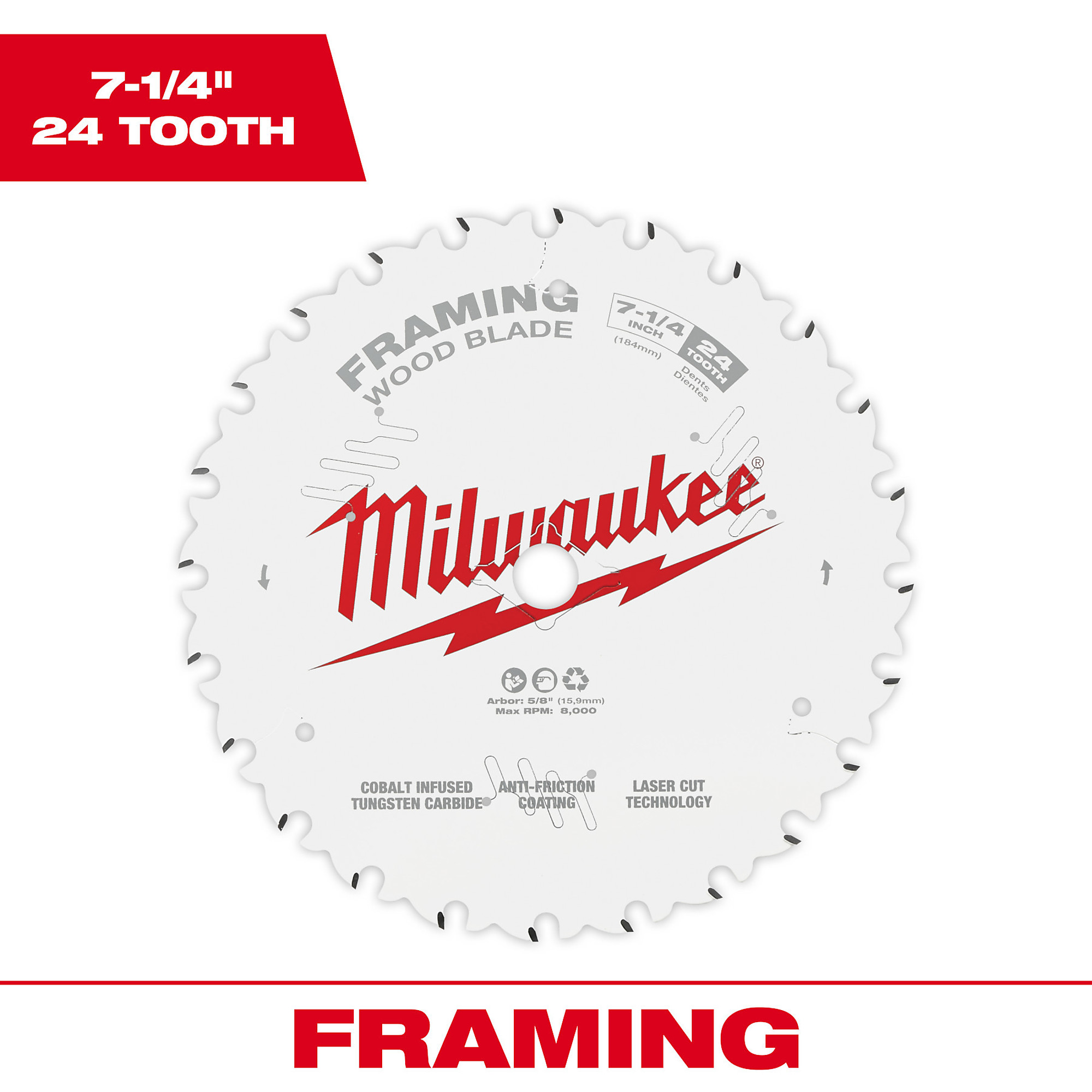 Milwaukee, 7-1/4in. x 24 Tungsten Carbide Framing Circular Saw Blade 25PC, Blade Diameter 7 1/4 in, Included (qty.) 25 Model# 48-40-1720